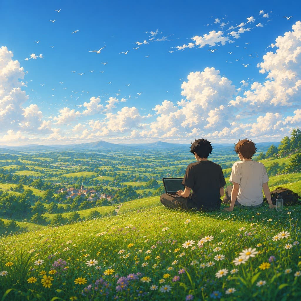 Two builders sitting on a flowering hill above a small town — the touch-grass moment.